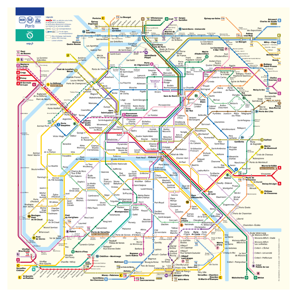 Map of the parisian metro and RER ( the Express regional Transportation System)